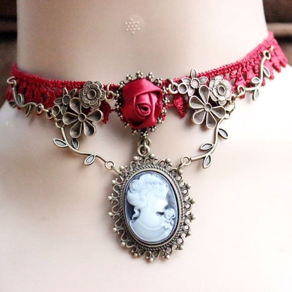 Red Lace & Rose with Cameo Gothic Lolita Choker - Picture 2 of 6